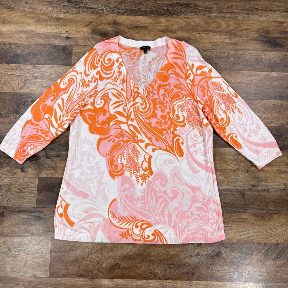 Talbots Plus Womens Top 1 X Orange Paisley V Neck 3/4 Sleeve Shirt